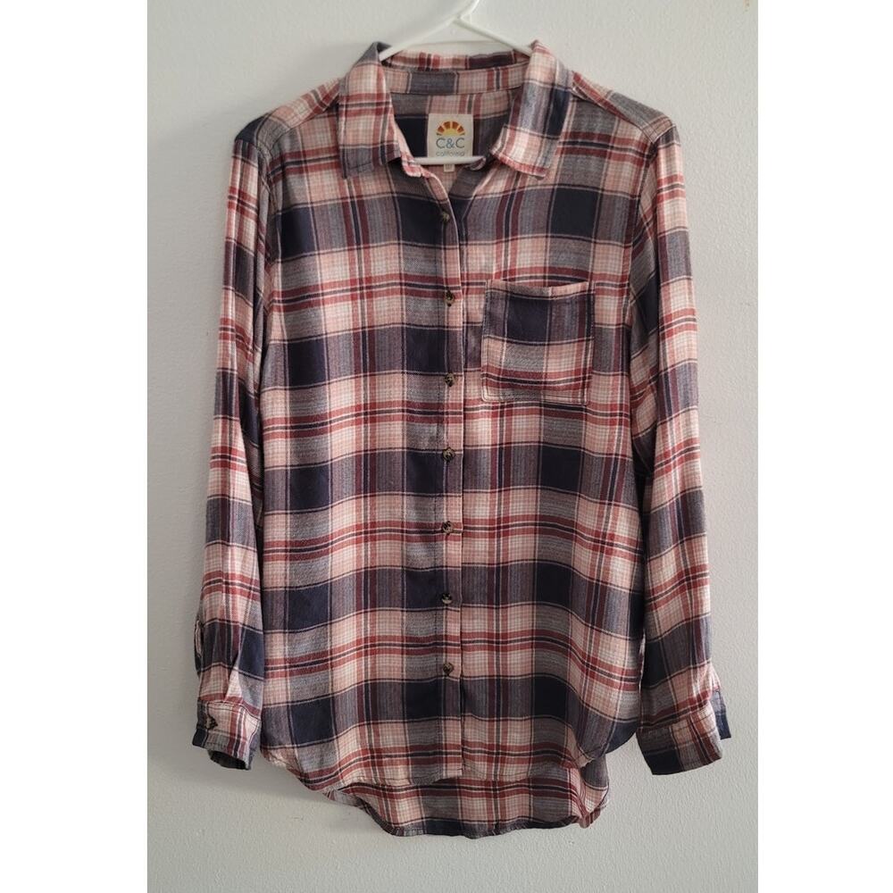 C&C California Kyle Plaid Flannel Long Sleeve Button Down Shirt Pink Blue Medium